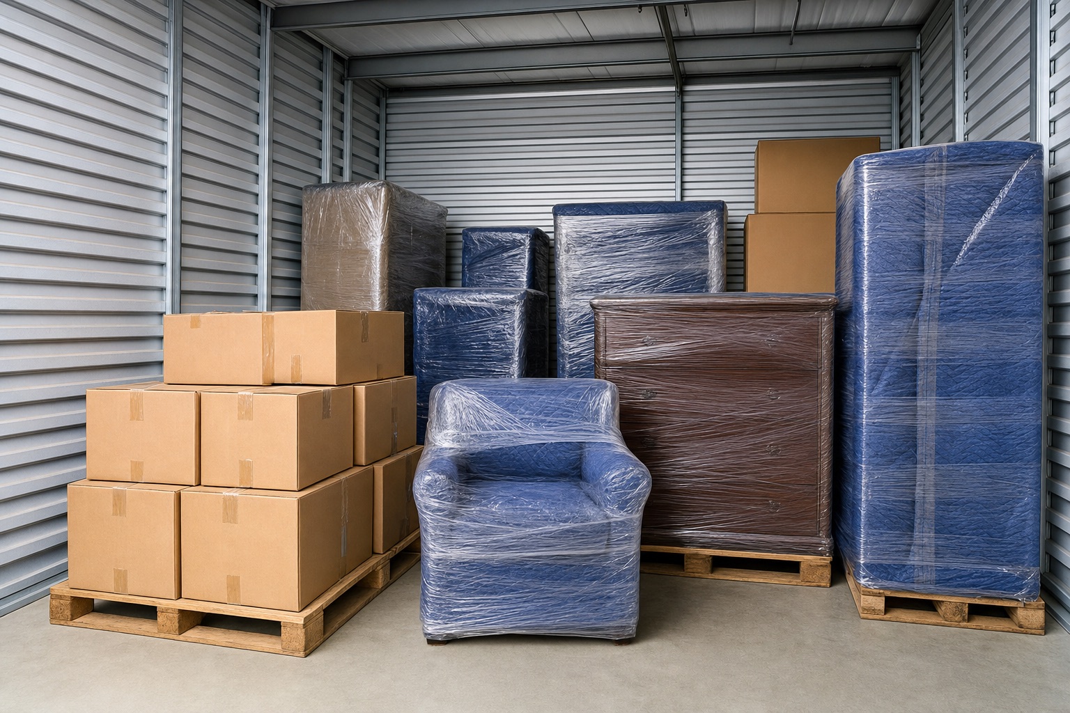 Wrapped furniture and labelled boxes stored in a clean dry unit